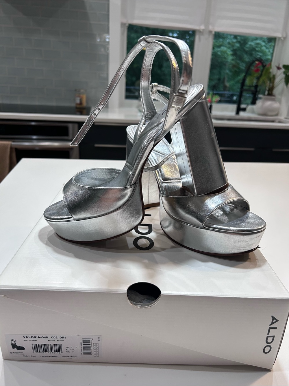 Aldo Metallic Silver Platform Ankle-Strap Heels